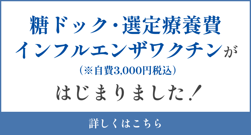 糖ドック・選定療養費・インフルエンザワクチン（自費）がはじまりました！※すべて自費診療でのご案内となります。詳しくはこちら
